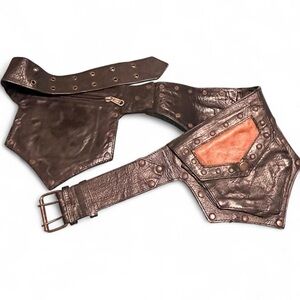 Leather hip belt bag festival hidden pocket black & brown studded adjustable M/L